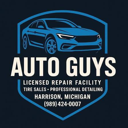 Auto Guys crest: blue car in a shield with Licensed Repair Facility, Harrison Michigan